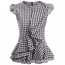Lady Summer Tops Sleeveless Black Plaid Blouses Shirts Ruffles Trim Woman Vintage Gingham Blusas Plus Size Retro Style Peplum